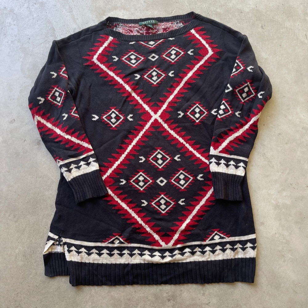 Lauren Ralph Lauren Vintage Southwestern Geometric Cotton Knit Sweater Black Med